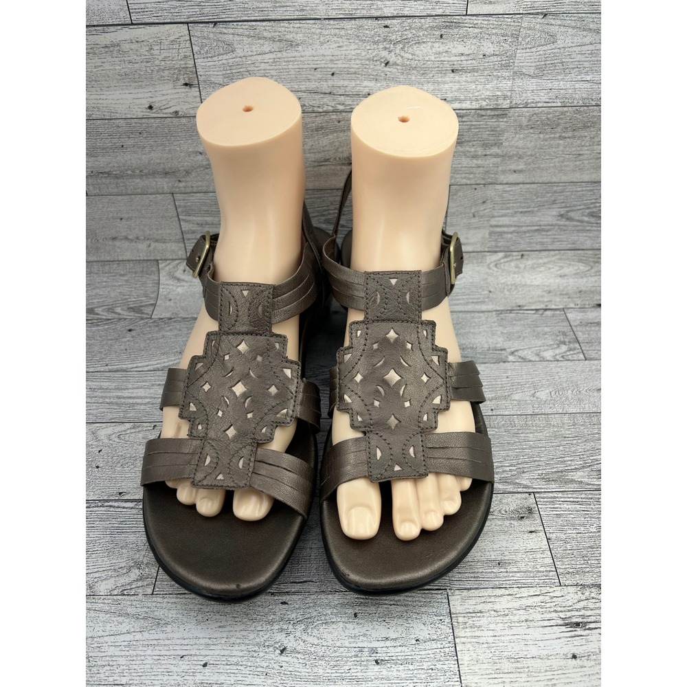 Clarks Leather‎ Bronze T Strap Cutout Wedge Sandals Women's Size 9M